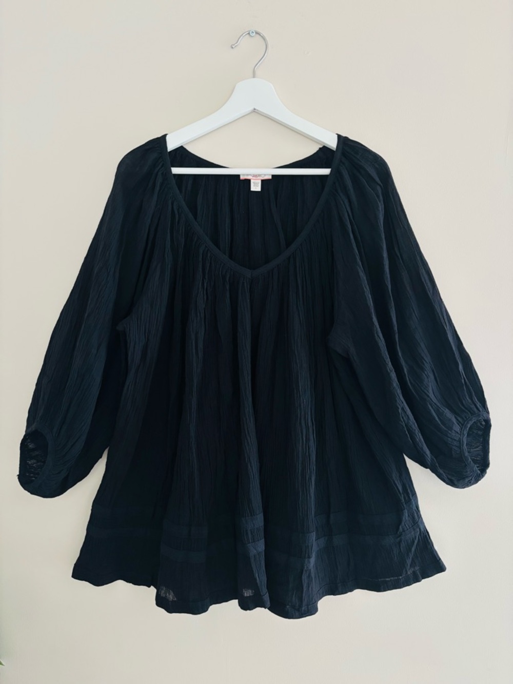 LUX Black Boho Blouse M 100% Cotton Long Sleeve Flowy Top Like New/Never Worn
